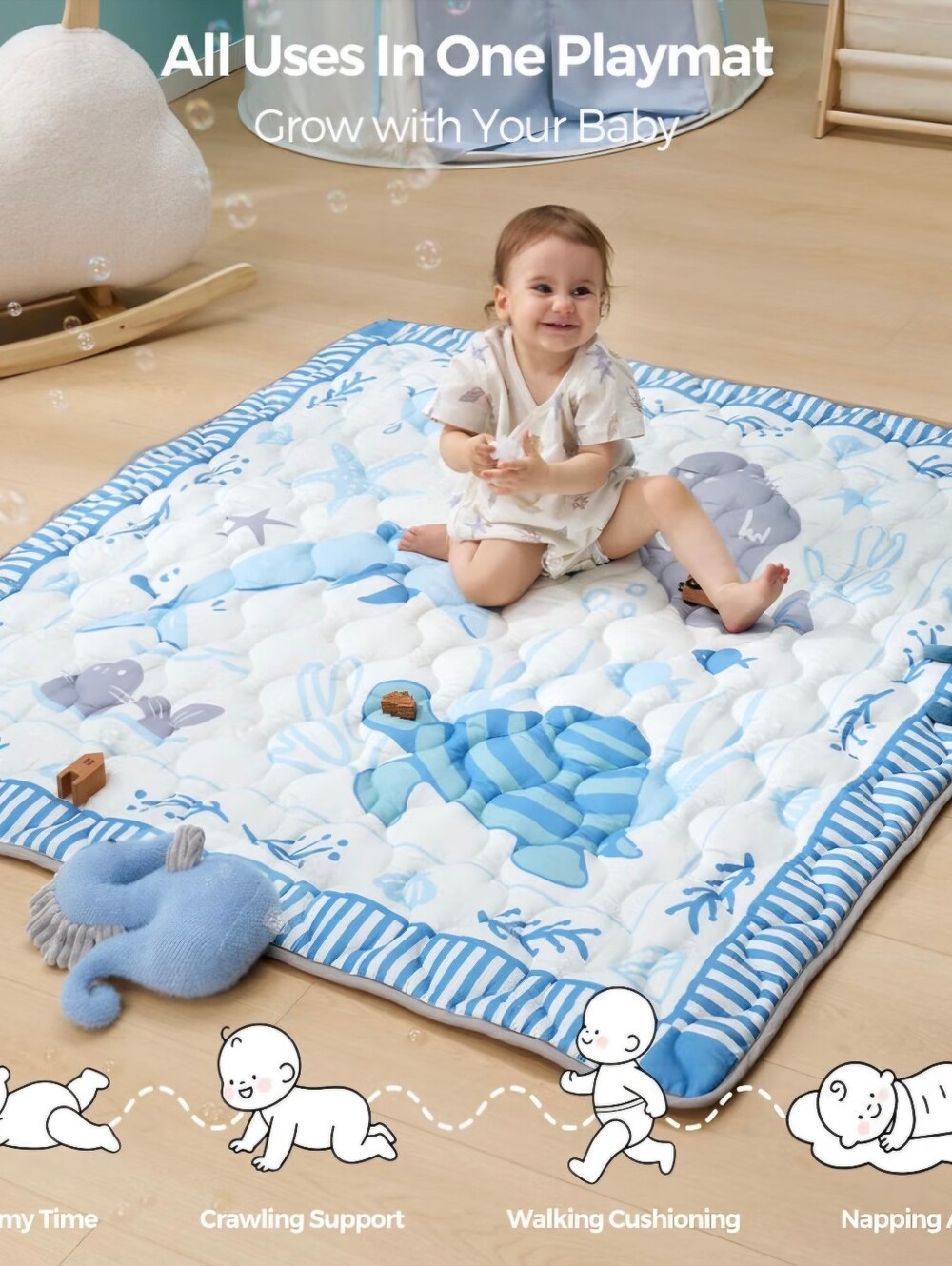 Momcozy Blue Ocean Animals Quilted Baby Play Mat